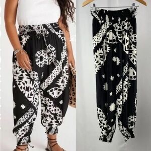 Anthropologie Aniya Balloon Joggers Black White Pockets Pull On Smocked Sz XS